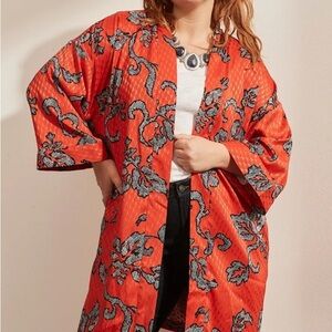 Chico’s Orient Bliss Jacquard Orange Spice Kimono Jacket Size 1 or 8/10